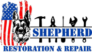 Logo: German Shepherd, tools, American flag, "SHEPHERD RESTORATION & REPAIR" text.