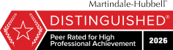 A red and black sign that says distinguished peer rated for high professional achievement.