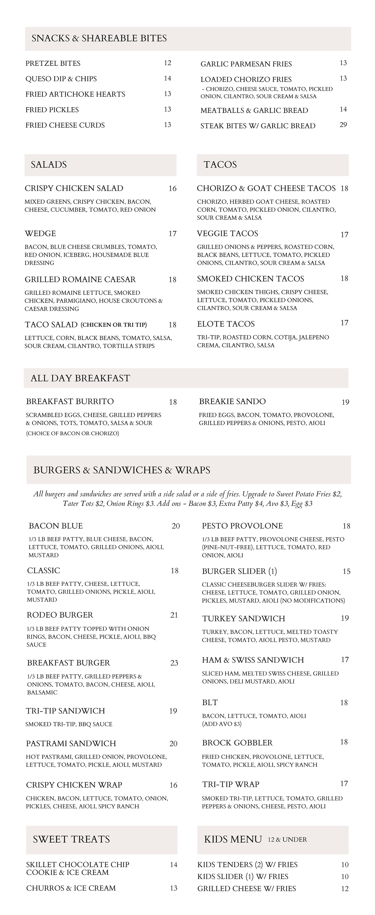 Restaurant menu for Cafe Deville,