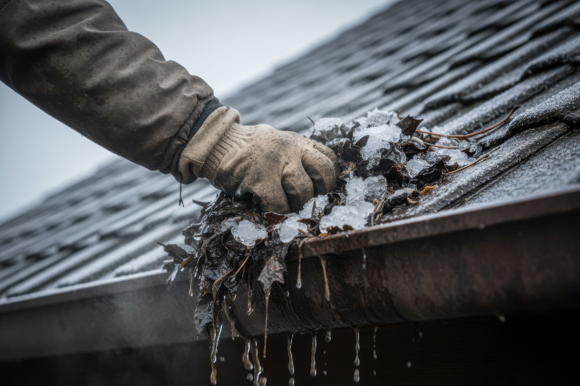 Gloved hand clearing leaves and ice, showcasing professional roofing services in winter conditions.