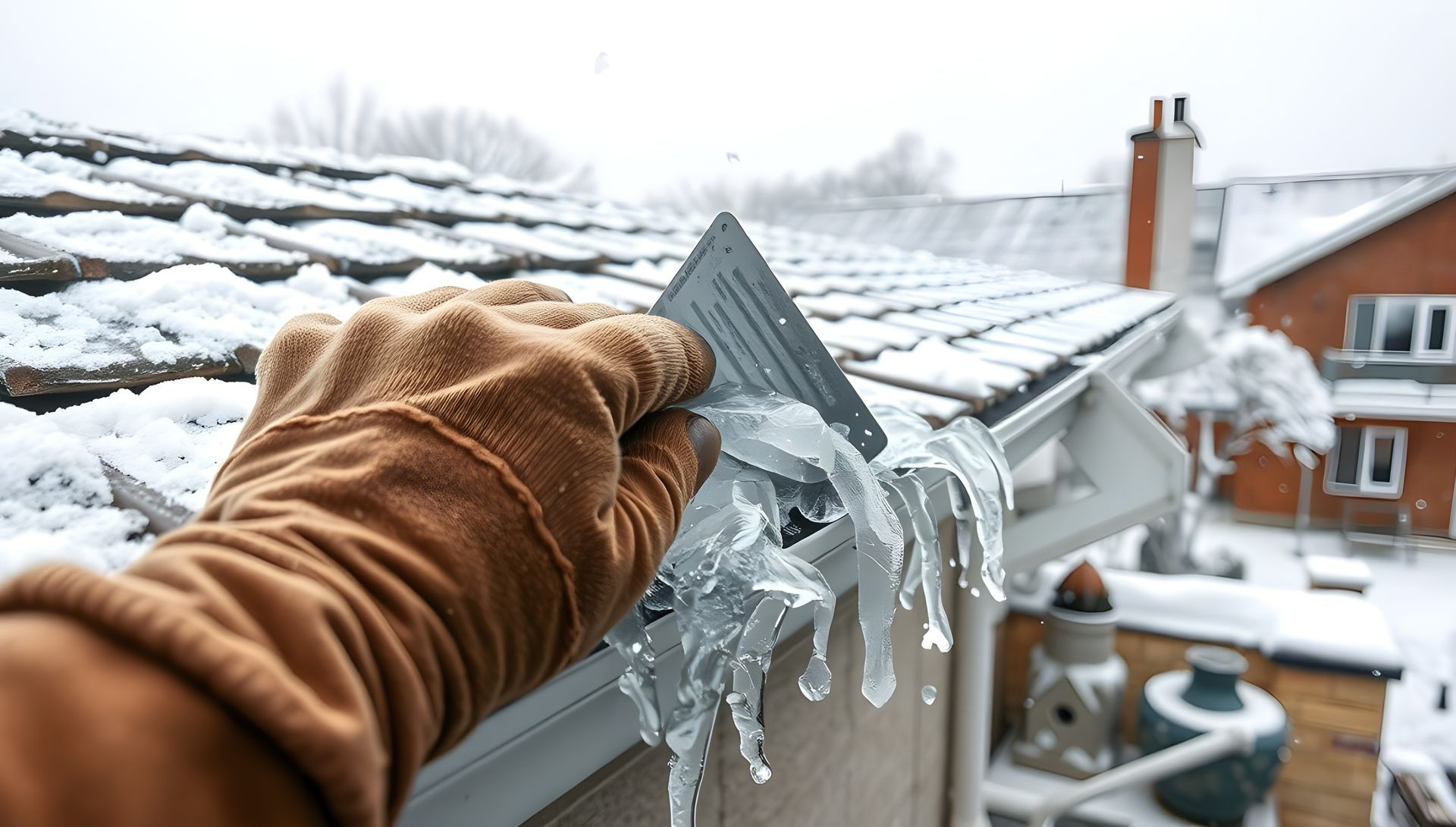 Gloved hand removing icicles, showcasing professional roofing services for winter home maintenance.