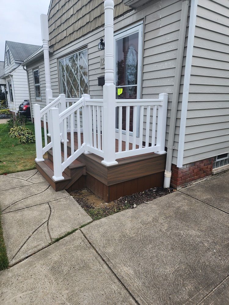 White Wooden Step Railing — Cleveland, OH — Ohio Roofing Siding & Slate LLC