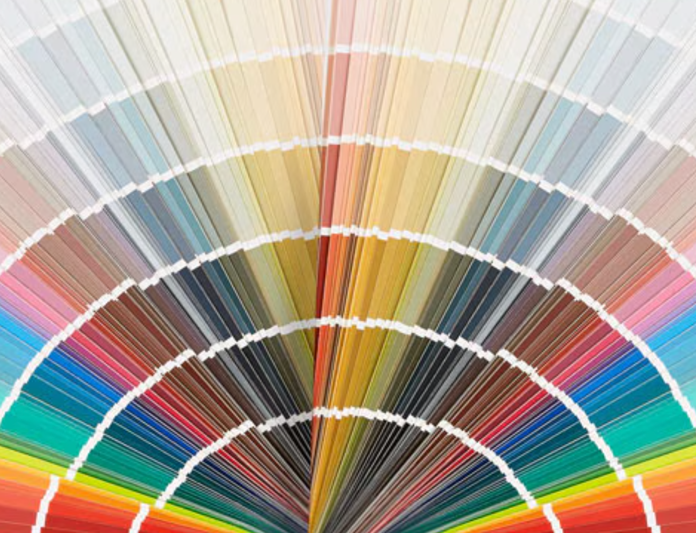 A fan of paint swatches, displaying a wide range of colors from warm to cool tones.