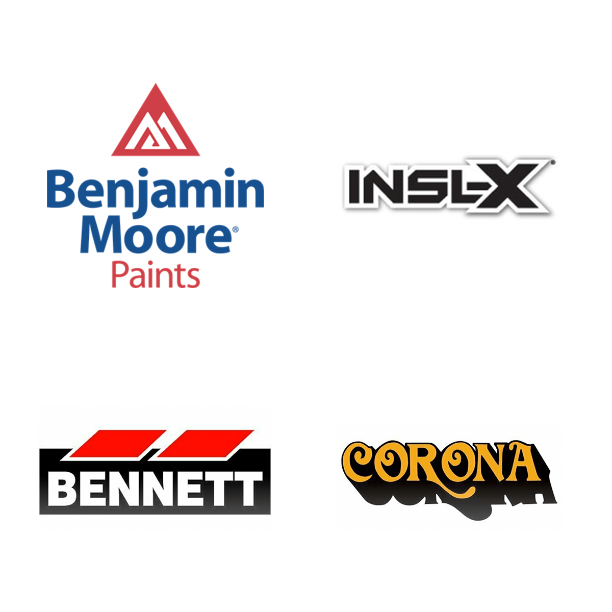 The logos for benjamin moore paints , inslx , bennett and corona