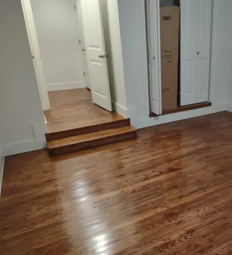 A room with hardwood floors and stairs leading to a closet.