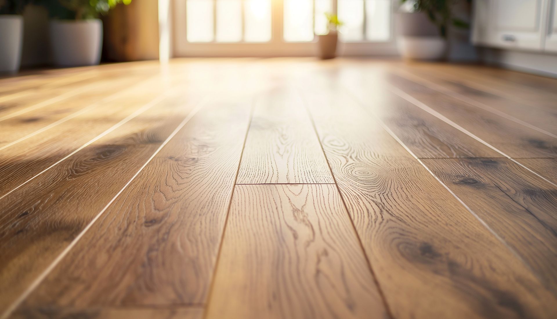 Close-up of hardwood floorboards with sunlight streaming in from a window.