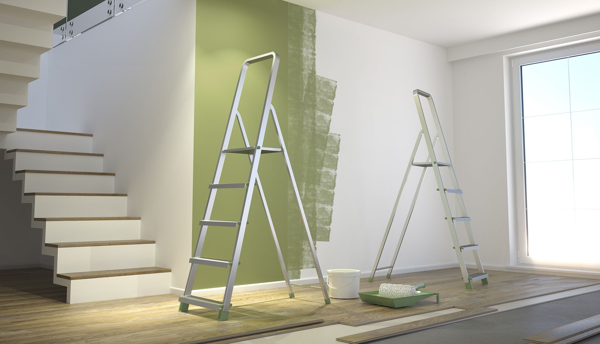 Interior wall painting with ladders, partially painted green, near stairs and window.