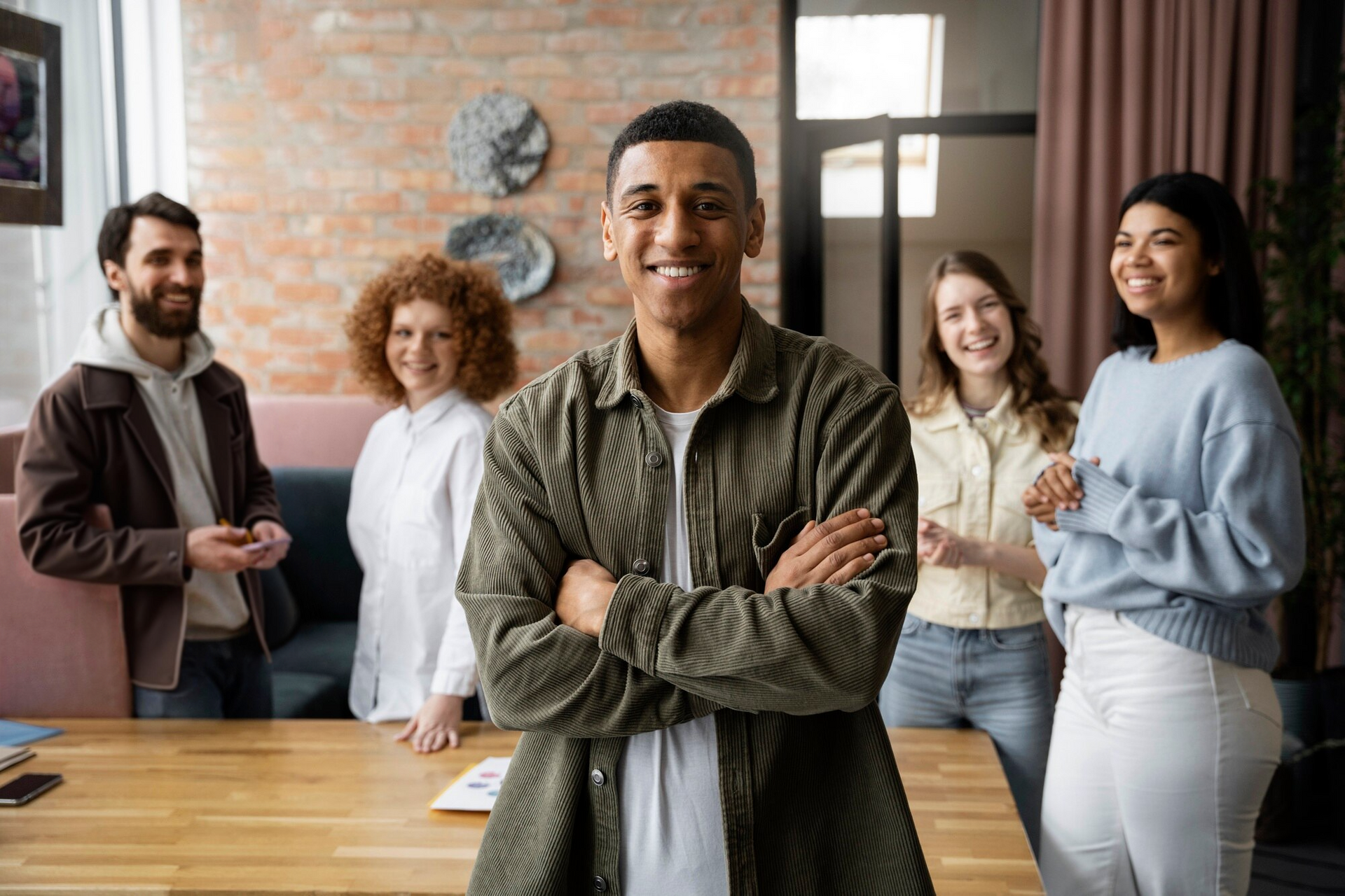 A smiling person stands with arms crossed in an office, with four coworkers standing behind them in a group setting.