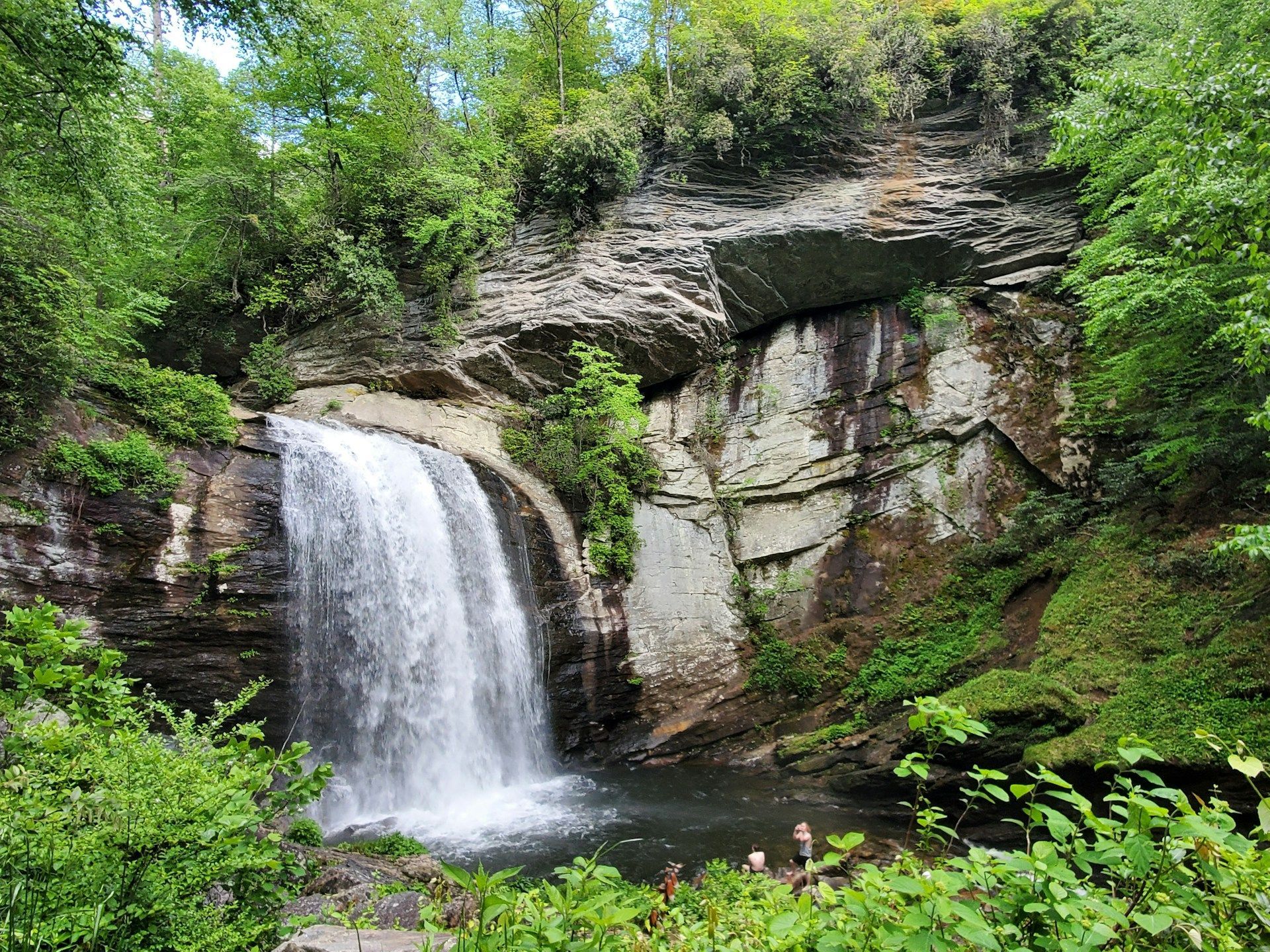 A waterfall cascades into a pool at the base of a tiered, rocky cliff face surrounded by dense green forest foliage.