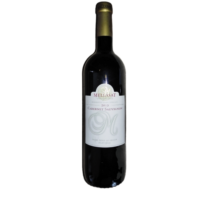 Fles Mellasat Cabernet Sauvignon. Donkerrood glas met wit etiket.