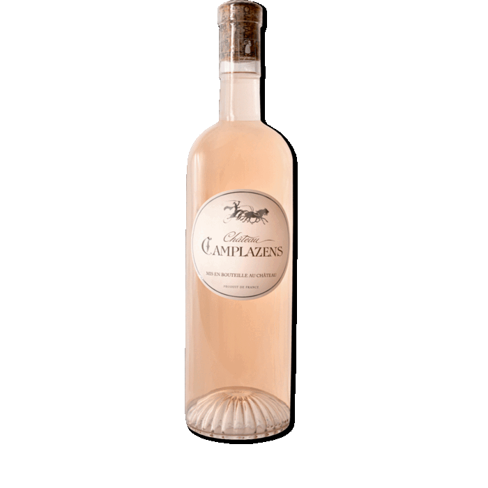 Fles roséwijn van Château Camplazens. Lichtroze met kurk en rond etiket.