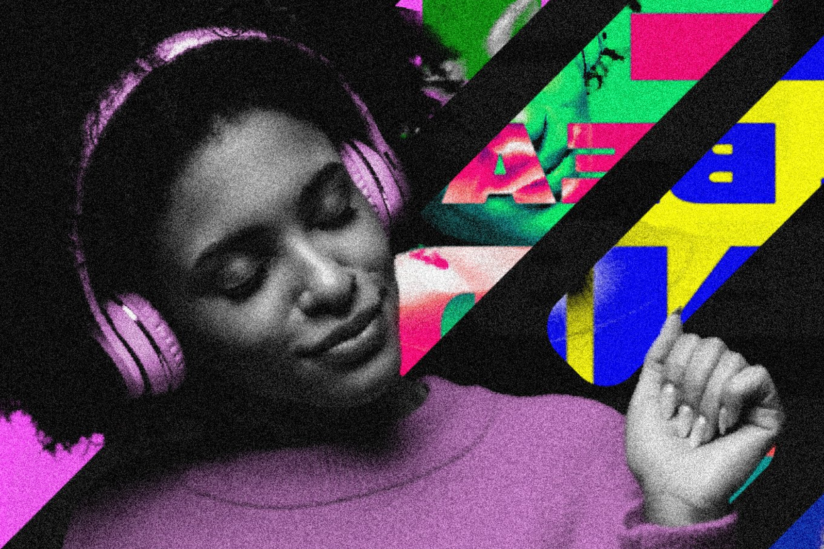 Woman listening to music on headphones listening to music suggestions from THE HVA music blog & DJ.