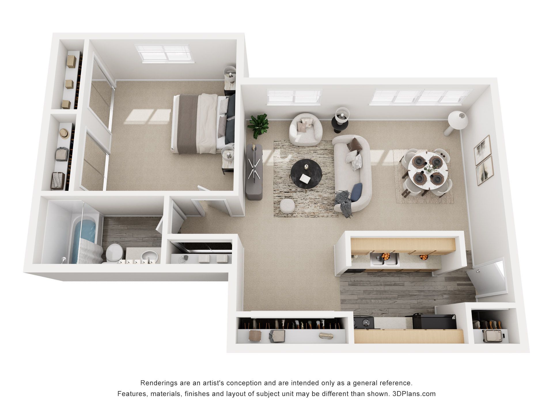 3D floor plan of a compact apartment with bedroom, bathroom, kitchen, and open living-dining area