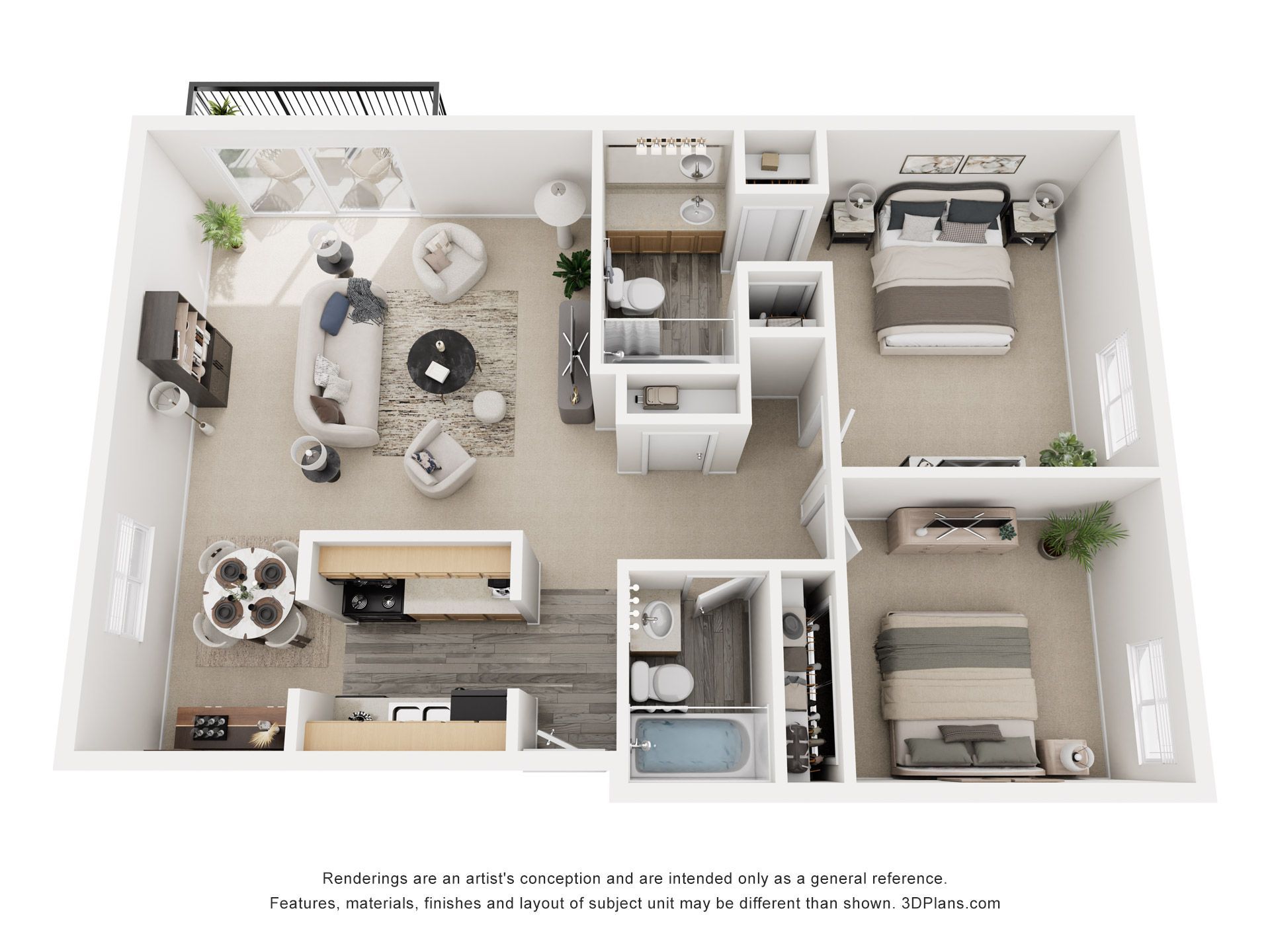 3D floor plan of a two-bedroom apartment with living room, kitchen, bathroom, and balcony.