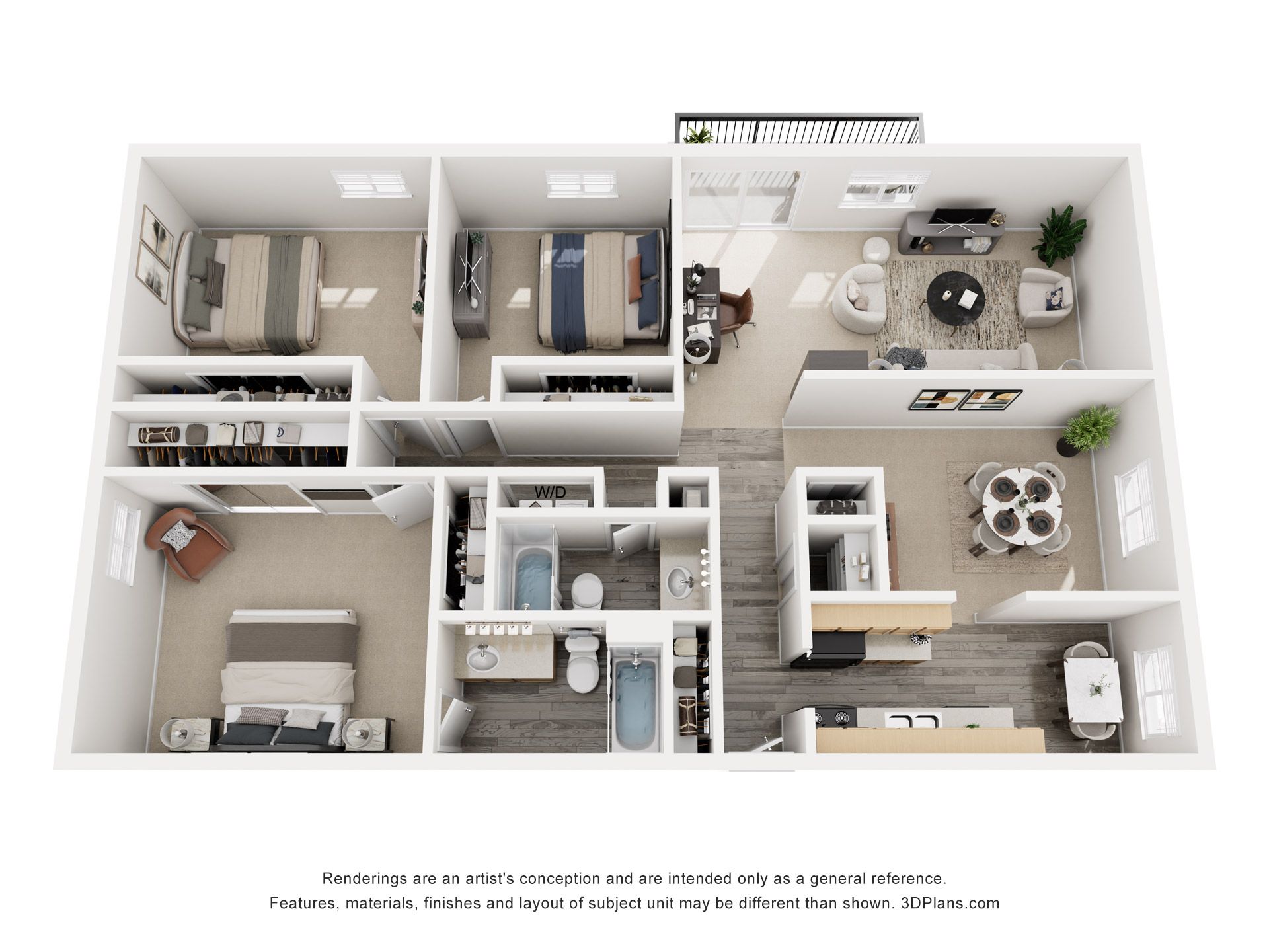3D floor plan of a small apartment with bedroom, bathroom, kitchen, living room, and dining area
