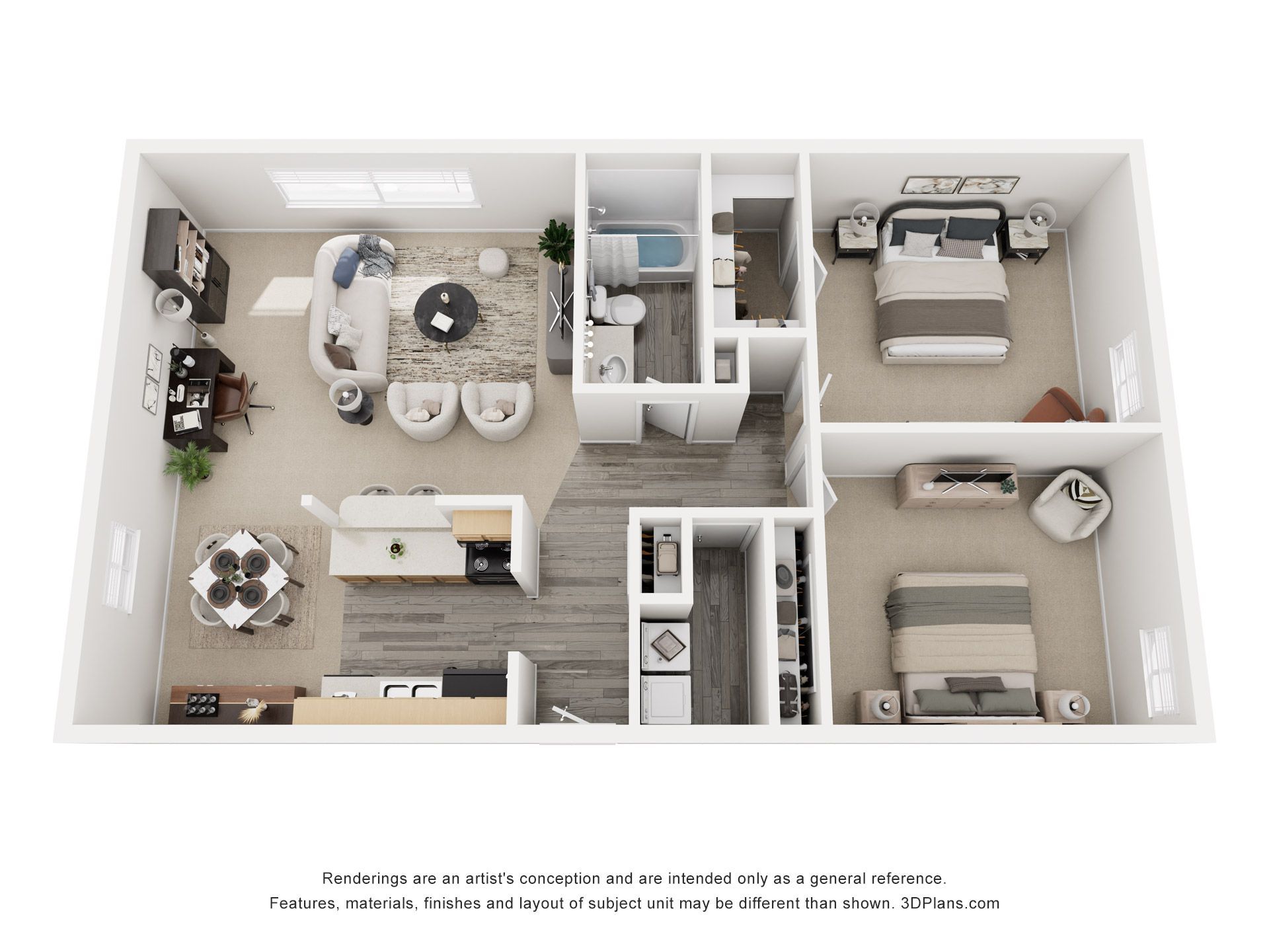 Top-down 3D floor plan of a compact apartment with living, kitchen, bathroom, and two bedrooms.