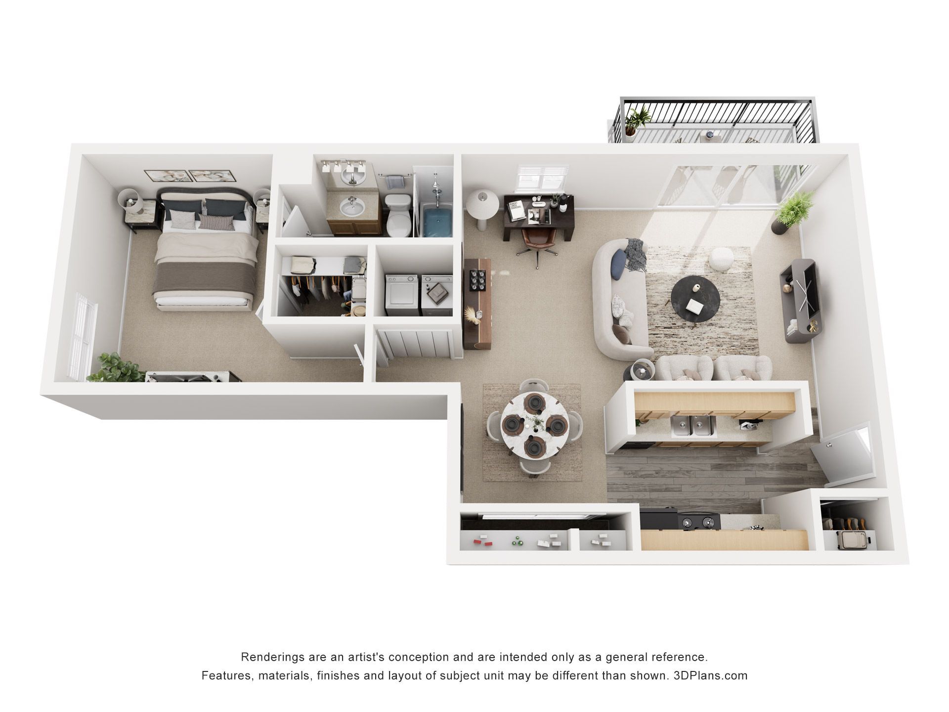 3D apartment floor plan with bedroom, bathroom, kitchen, and open living-dining area