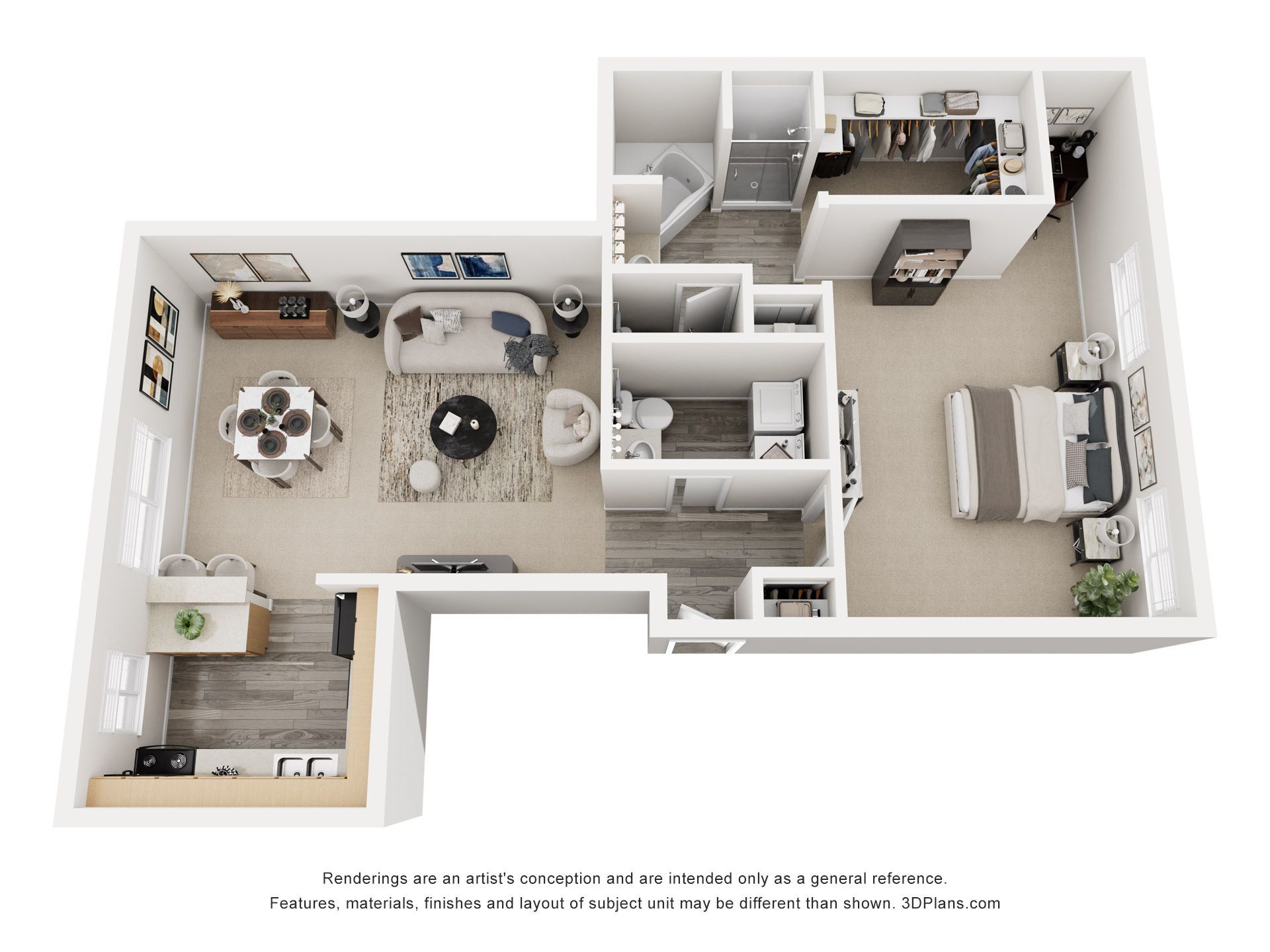 3D floor plan of a small two-bedroom apartment with kitchen, living area, bathroom, and bedroom.