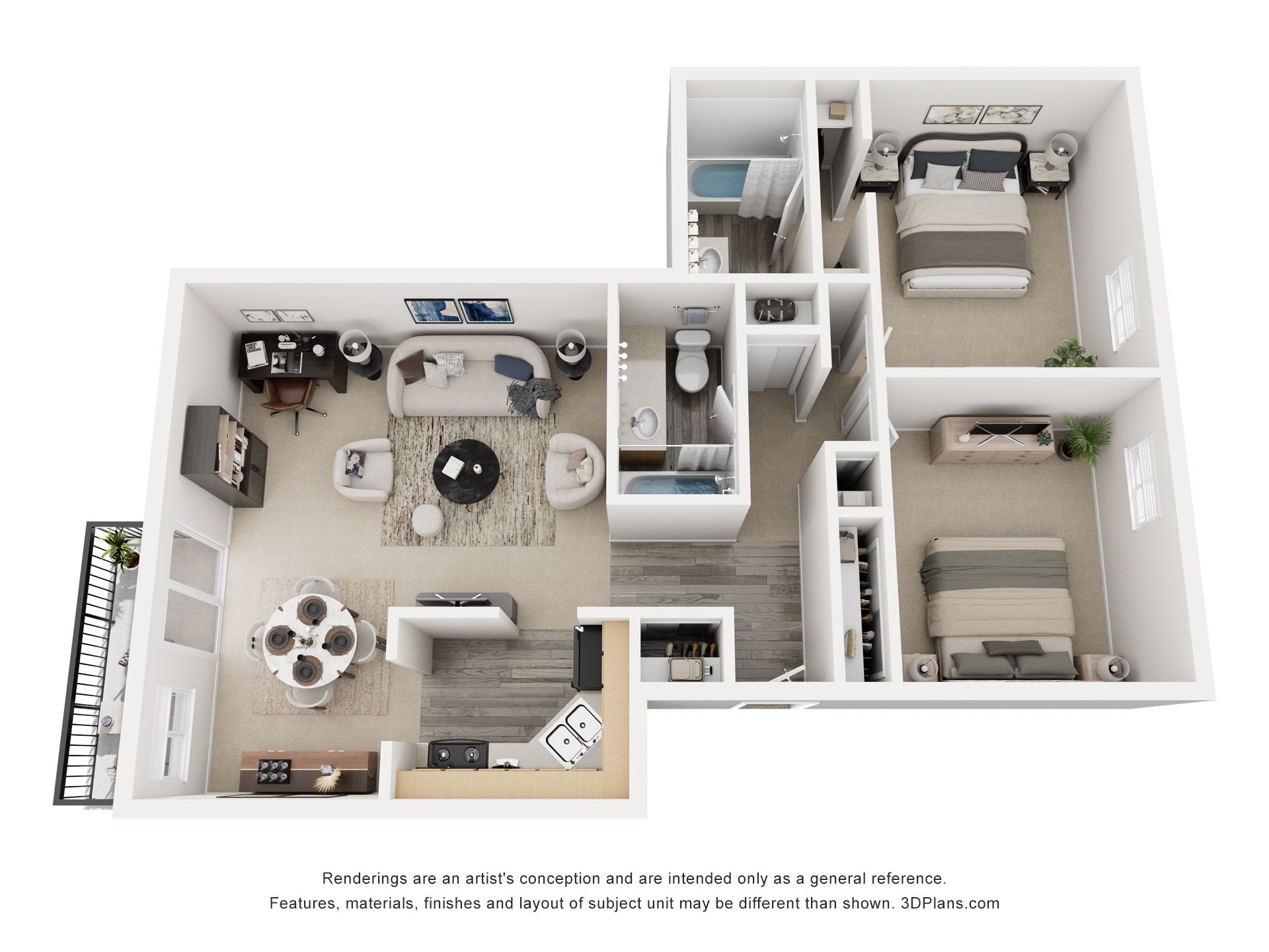 3D floor plan of a compact apartment with living room, kitchen, bathroom, and two bedrooms