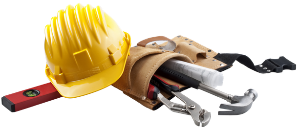 Yellow hard hat, tool belt with tools, representing construction.