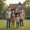 Family of four standing in front of a house on a sunny day.