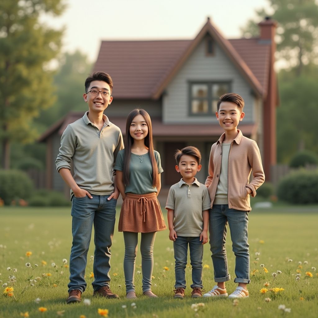 Family of four standing in front of a house on a sunny day.