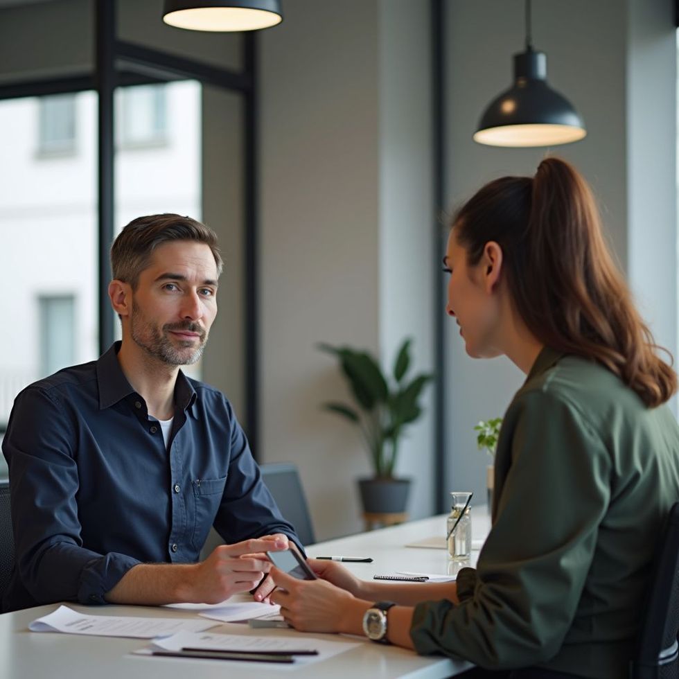 Man and woman at a table, looking at phone. Man in blue shirt looks at camera. Woman holds phone, looking down.
