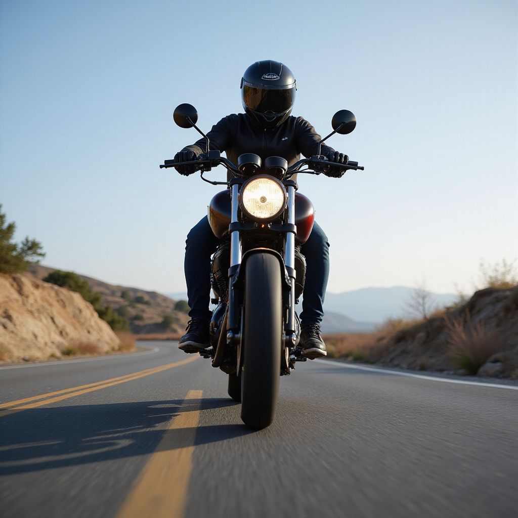 Motorcyclist in black helmet rides motorcycle on a road, with mountains in background.
