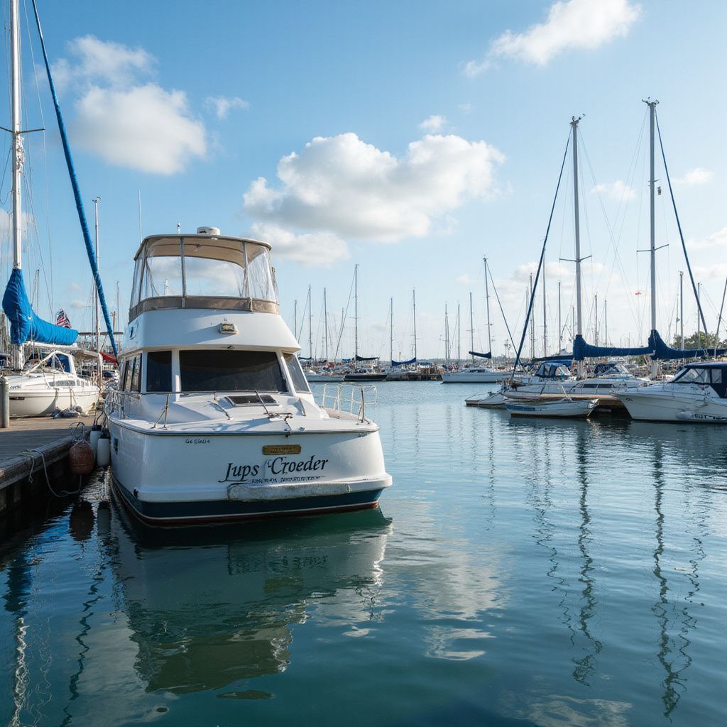 White motorboat docked in a marina, surrounded by sailboats. Blue water, sunny sky with clouds.