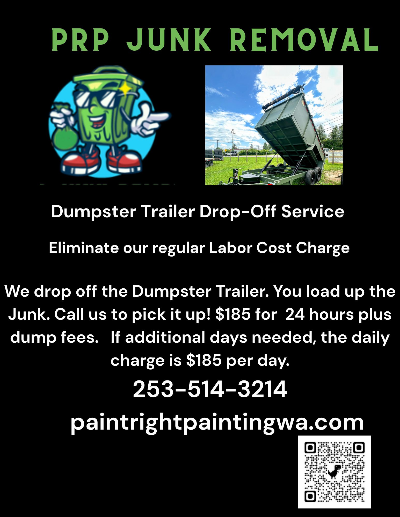 The PRP Junk Removal logo, a picture of a dumpster trailer, and information about the Dumpster Trailer Drop-Off Service. 