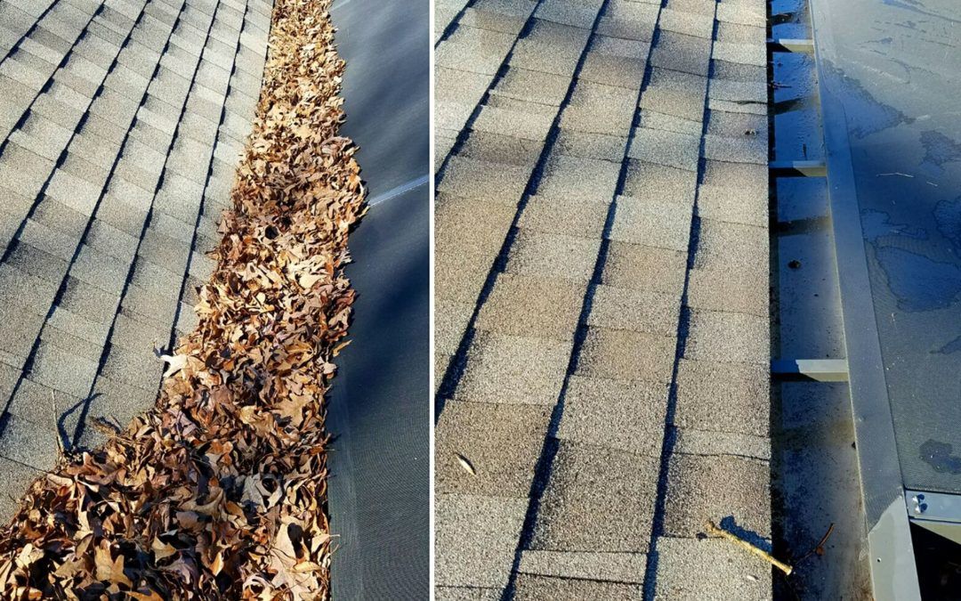 A before and after picture of a clogged gutter and a cleared gutter.