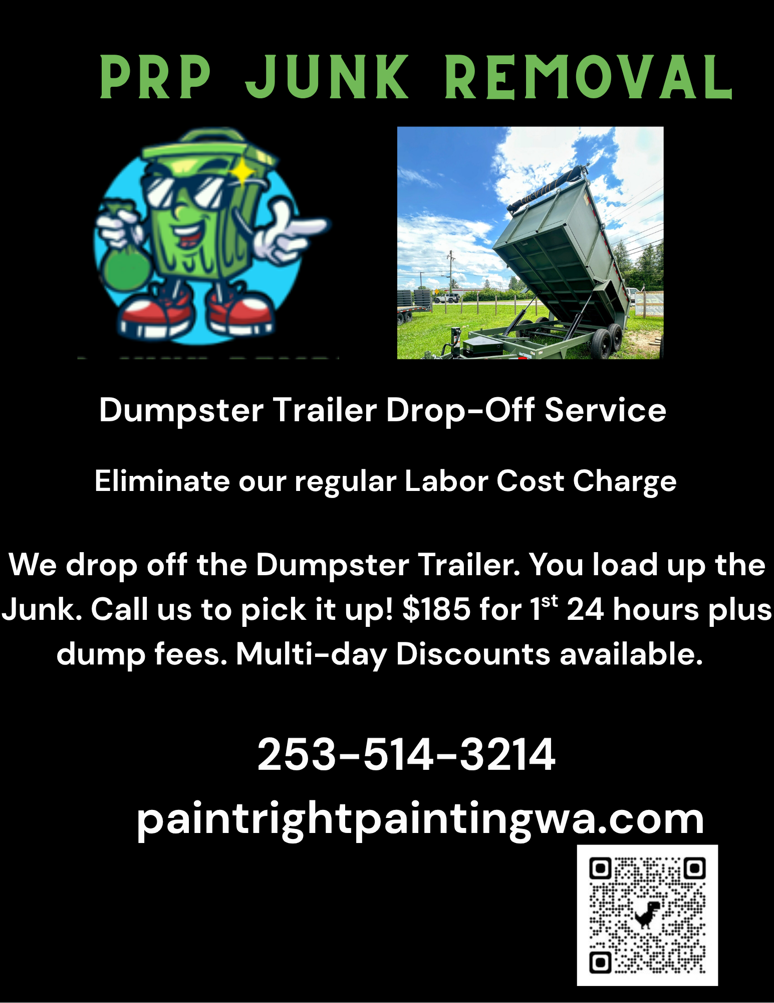 A flier with the PRP Junk Removal logo, a picture of a dumpster trailer, and information about the Dumpster Trailer Drop-Off Service.