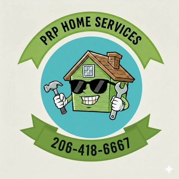Logo for PRP Home Services featuring a smiling house character with tools, sunglasses, and a phone number.