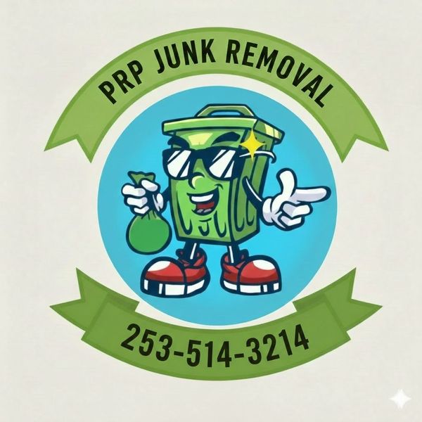 Logo for PRP Junk Removal featuring a cartoon trash can wearing sunglasses and holding a money bag, with a phone number.