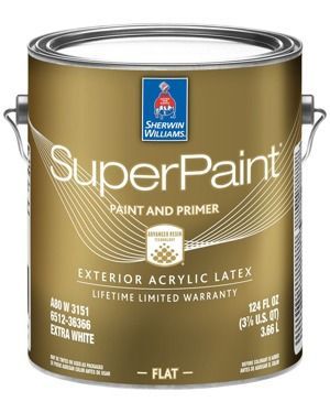 A can of Sherwin-Williams SuperPaint exterior acrylic latex paint