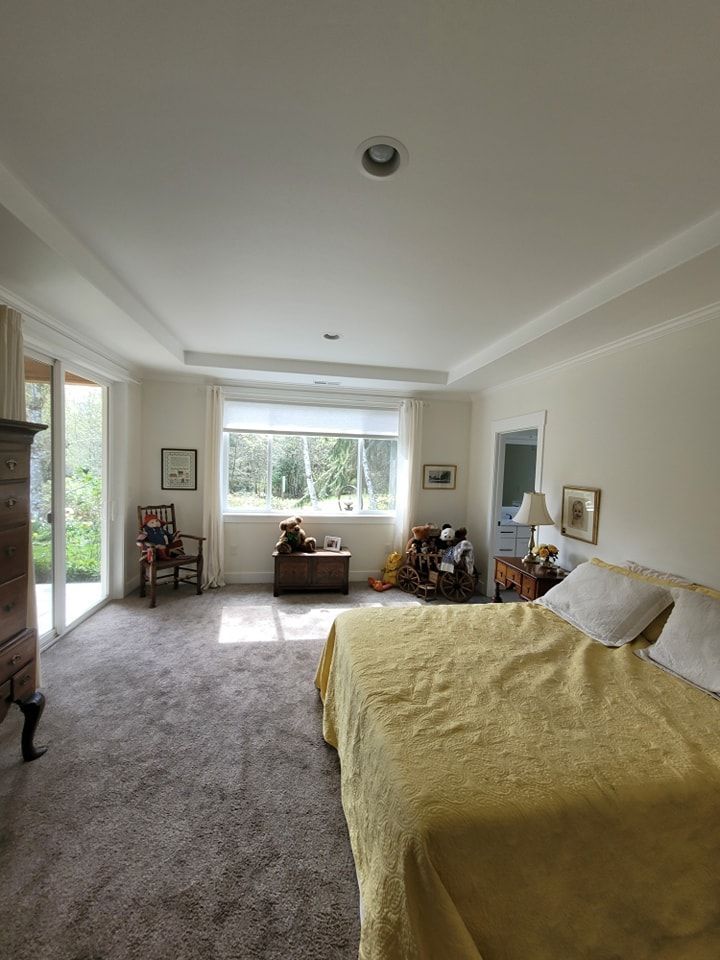 Bright bedroom with tray ceiling, large window, sliding glass door, and bed with yellow bedding on a carpeted floor.