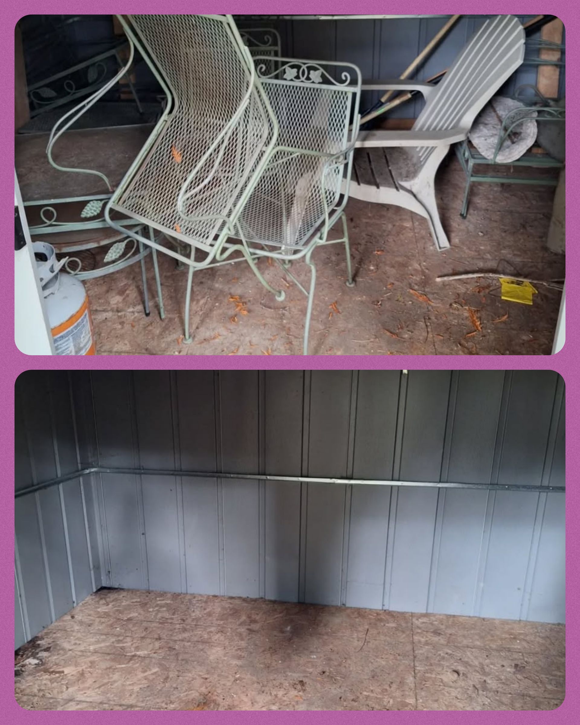 Before and after images showing a junk removal project that cleared out old patio furniture and debris from a small shed.