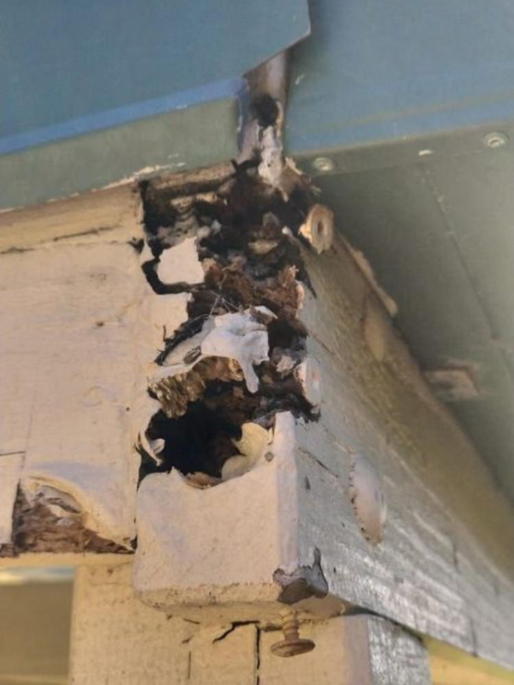 The trim and exterior siding of a house is crumbling due to wood rot. 