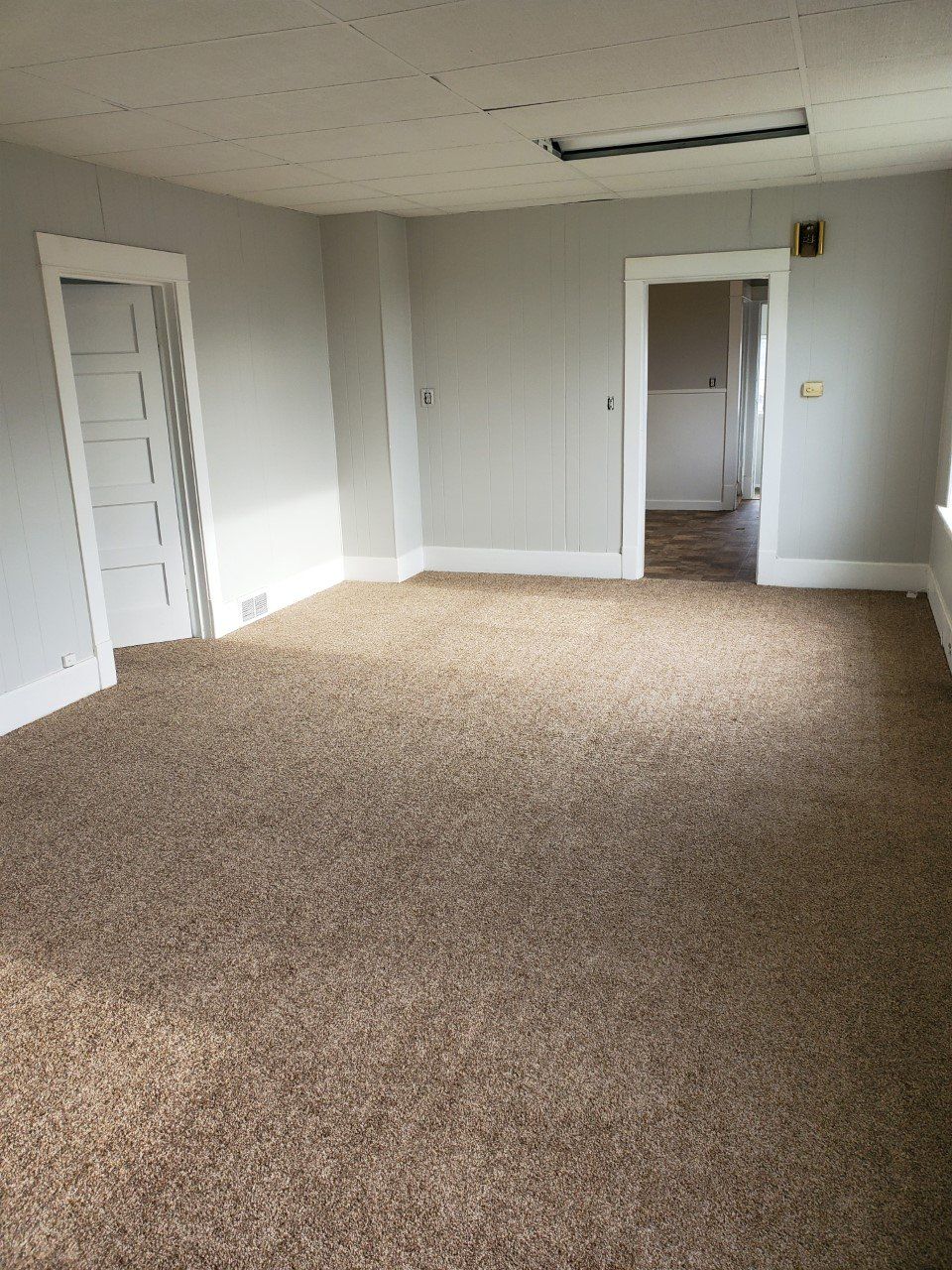 A refreshed room with light gray painted shiplap walls and white trim. 