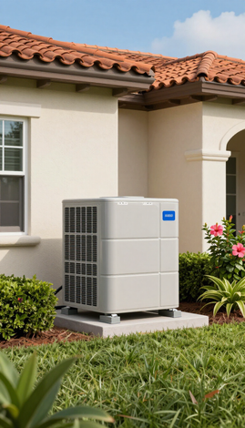 Outdoor air conditioner unit beside a beige house with a terracotta roof and green lawn