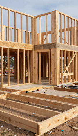 Wood-framed house under construction with exposed studs and floor joists on a dirt lot