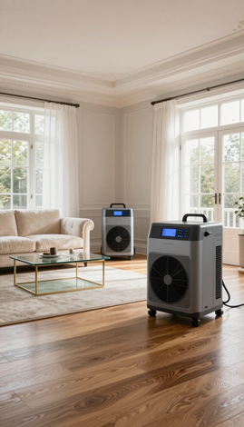 Two portable air purifiers in a bright living room with large windows and hardwood floors