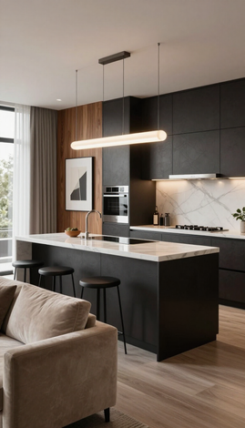 Modern open-plan kitchen with dark cabinets, marble island, pendant light, and beige sofa in foreground