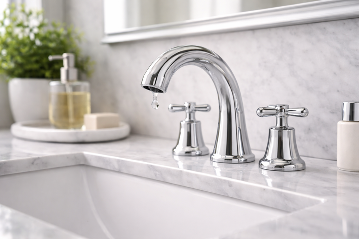 Chrome bathroom sink and faucet on a white marble countertop with soft decor in the background