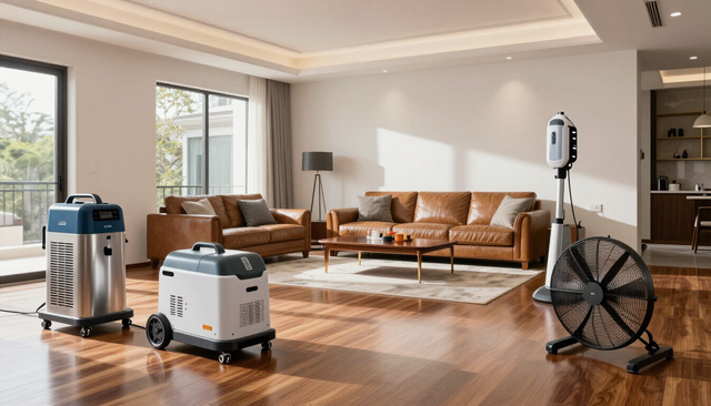 Modern living room with brown sofa and two air purifiers, plus a large fan on a polished wood floor.