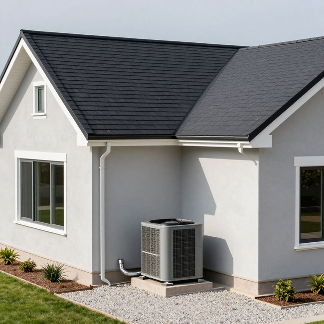 Modern white house exterior with dark roof and central air conditioning unit.
