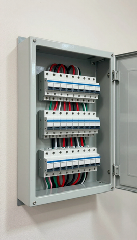 Open electrical breaker panel with rows of white circuit breakers and red wires inside a gray cabinet
