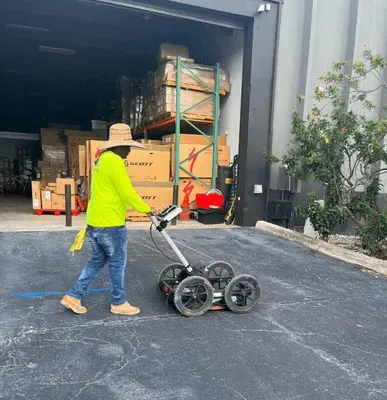 Person in safety vest using ground-penetrating radar outside a warehouse. They are wearing jeans and a straw hat, scanning the pavement.