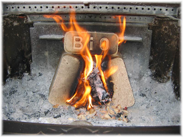 Biobrick burning in a pellet stove