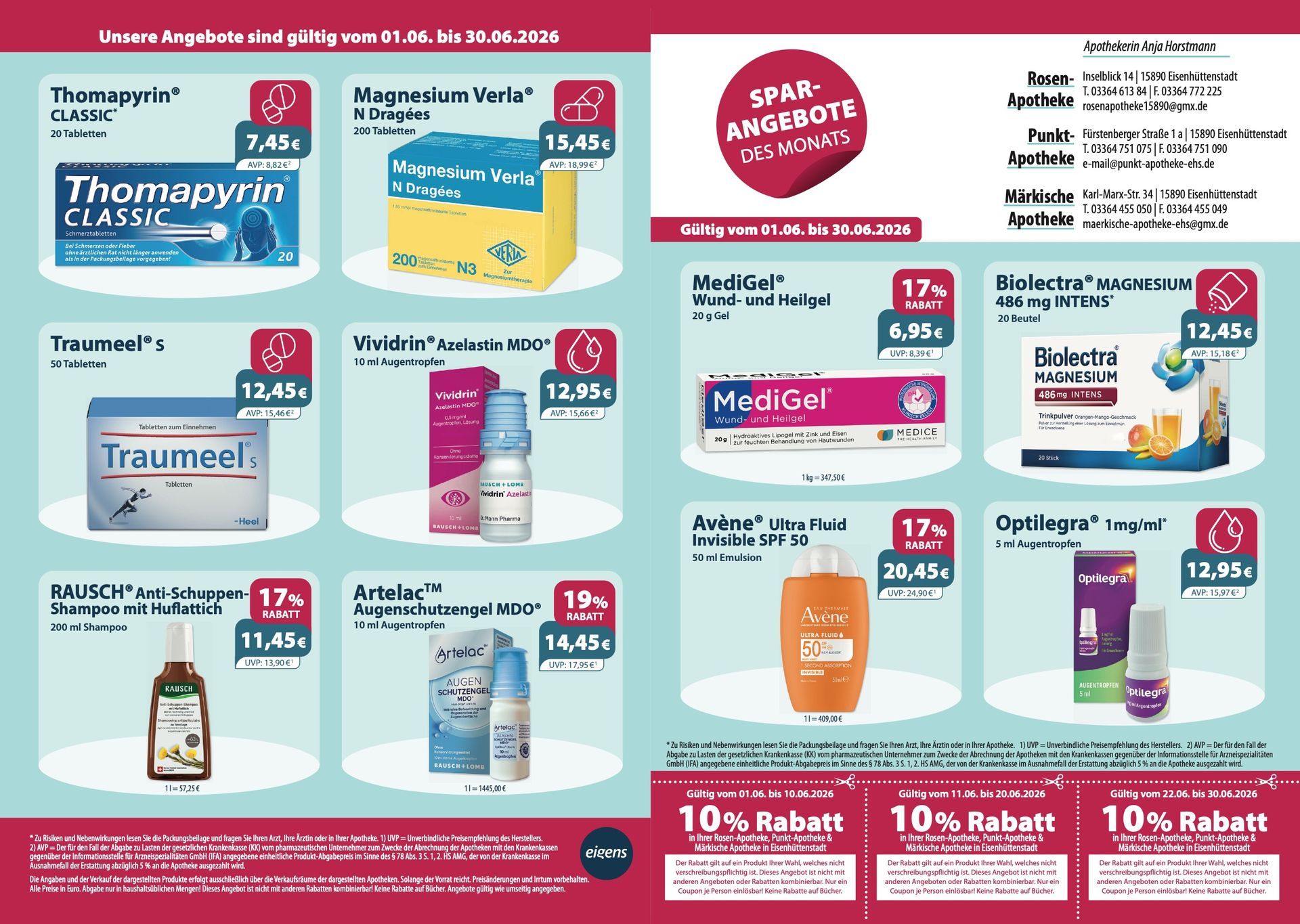 Werbung für eine Apotheke mit Arzneimitteln. Roter und weißer Hintergrund mit Produktfotos und Preisschildern.